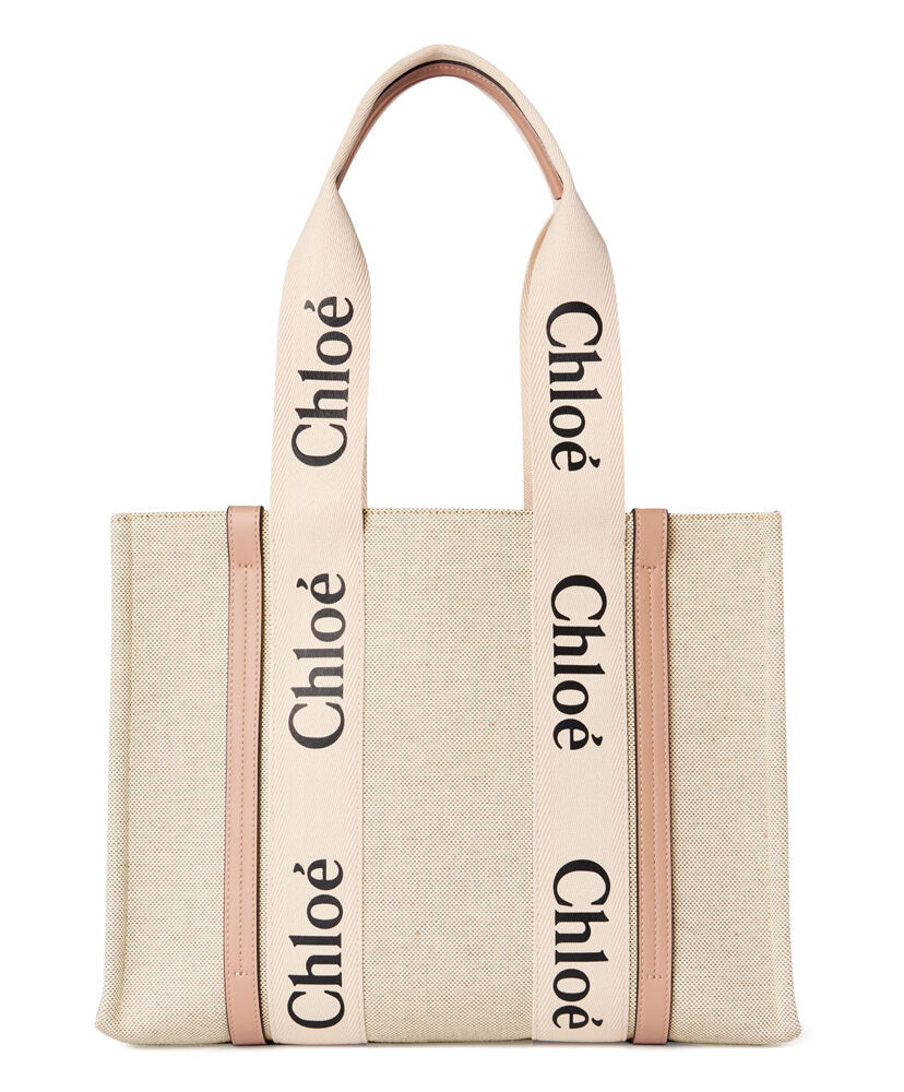 Chloe Medium Woody Tote Bag Canvas with Leather Cream/Pink